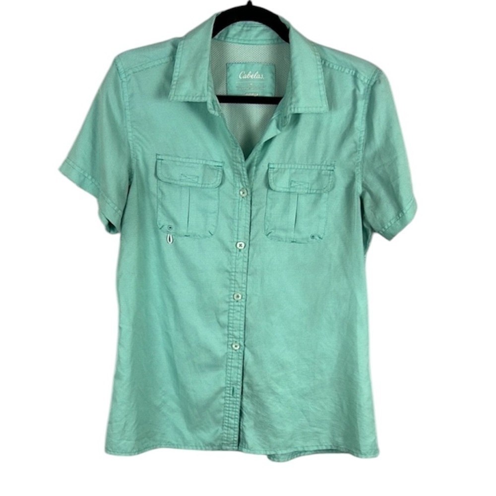 Cabela's Fishing Hiking Short Sleeve Vented Button Up Shirt Medium Mint Green